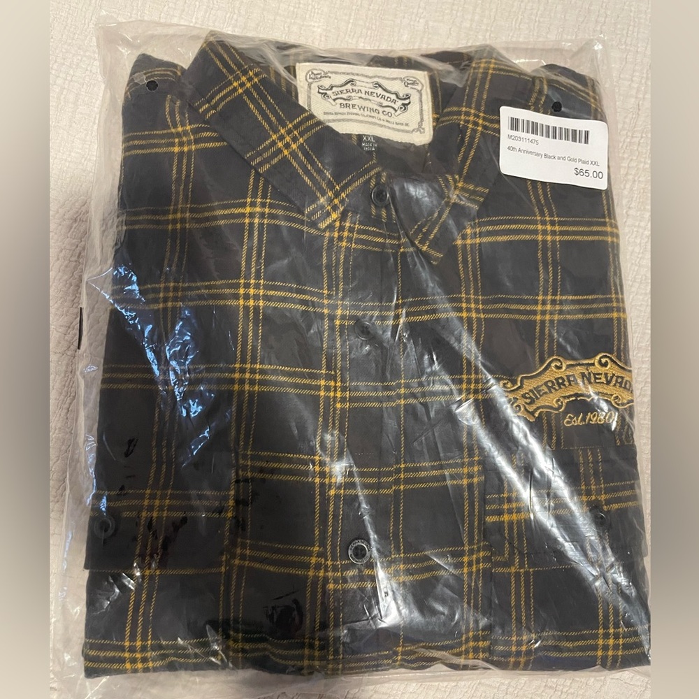 Sierra Nevada 40th Anniversary Black and Gold Plaid Button Down Long Sleeve